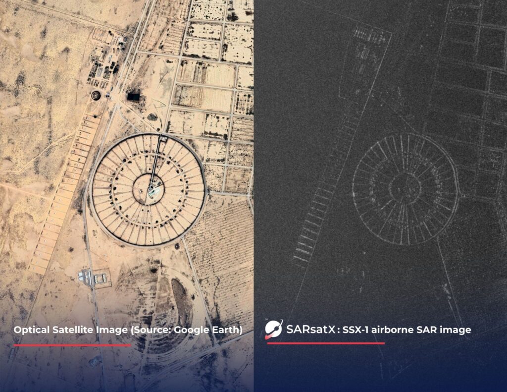 يسار: صورة قمر صناعي بصرية (المصدر: Google Earth) يمين: صورة رادارية جوية من SSX-1 عند "الضوء الأول"